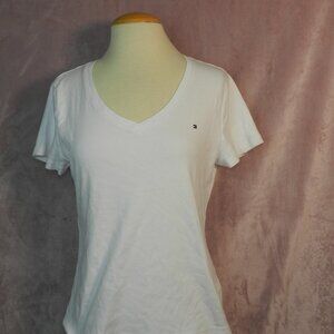 Tommy Hilfiger Womens White V Neck Short Sleeve Casual Cotton Shirt Size Large